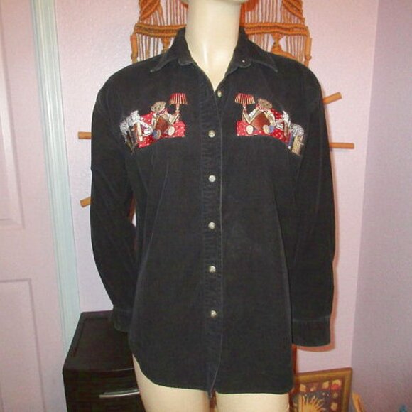 Vtg Black Corduroy Tunic Top Womens Size S Embroidered Cats Button Up 90s Y2K - Picture 1 of 10